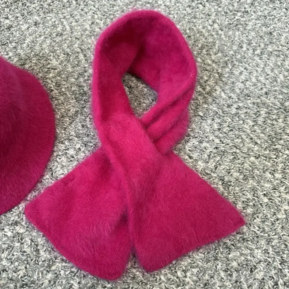 VTG Bucket Hat + Scarf Angora Rabbit Hair Hot Pink New
